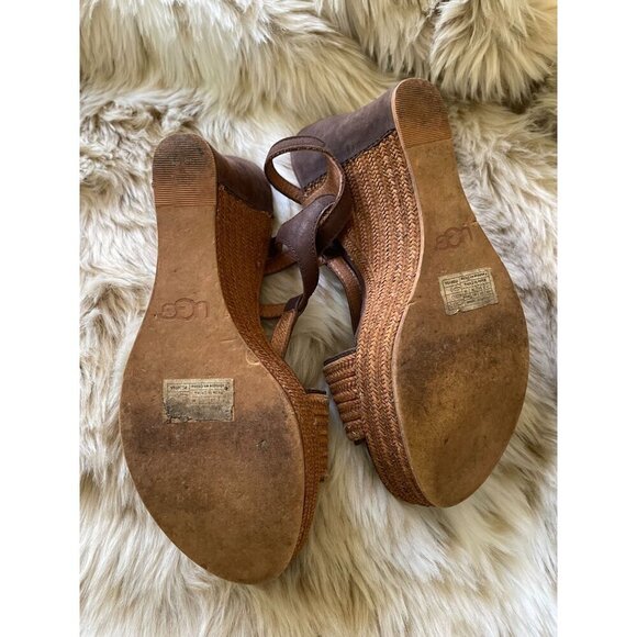 UGG Women's Leather & Woven Straw Wedge Espadrille Sandals Brown Size 7 - Picture 9 of 11